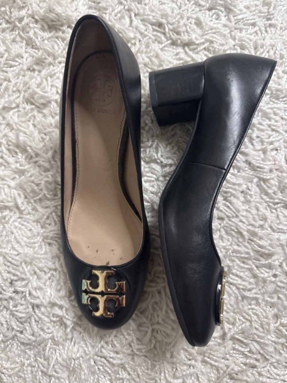 Tory Burch Mini Miller Black Leather Gold Logo Pump Size 7M Chunky Heel